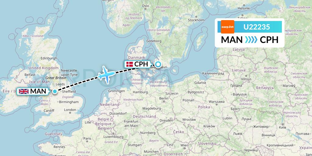U22235 EasyJet Flight Map: Manchester to Copenhagen