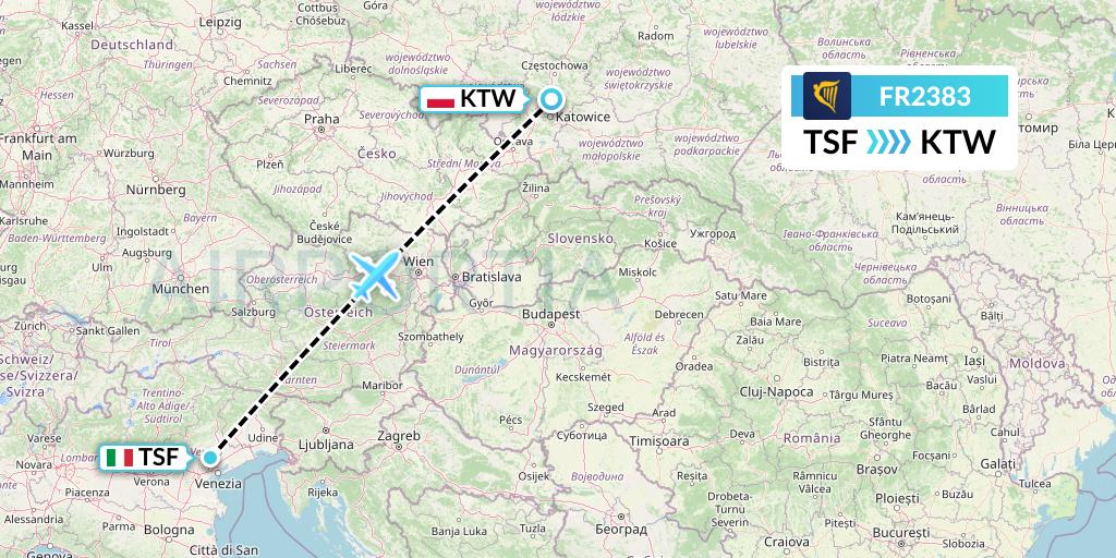 FR2383 Ryanair Flight Map: Treviso to Katowice