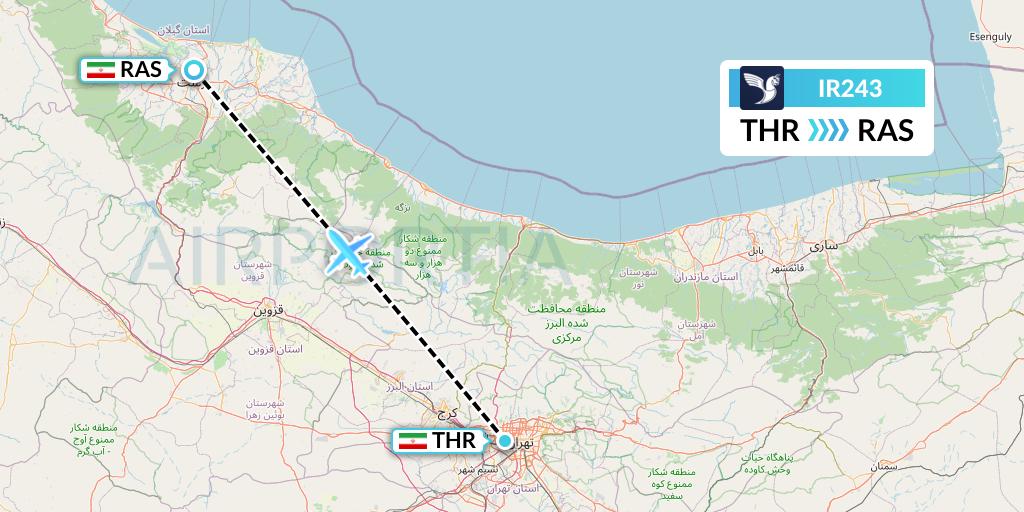 IR243 Iran Air Flight Map: Tehran to Rasht