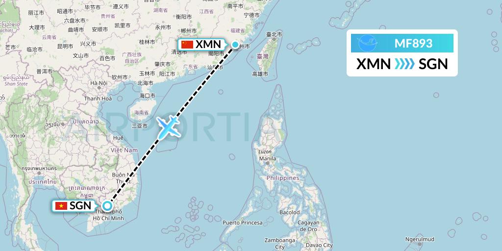 MF893 Xiamen Airlines Flight Map: Xiamen to Ho Chi Minh City