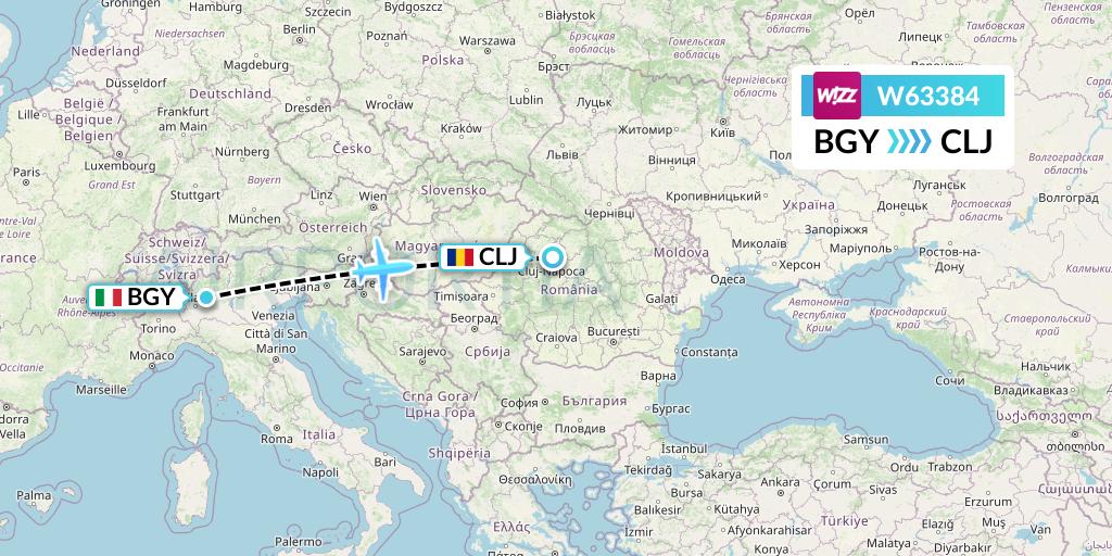 W63384 Wizz Air Flight Map: Milan to Cluj-Napoca