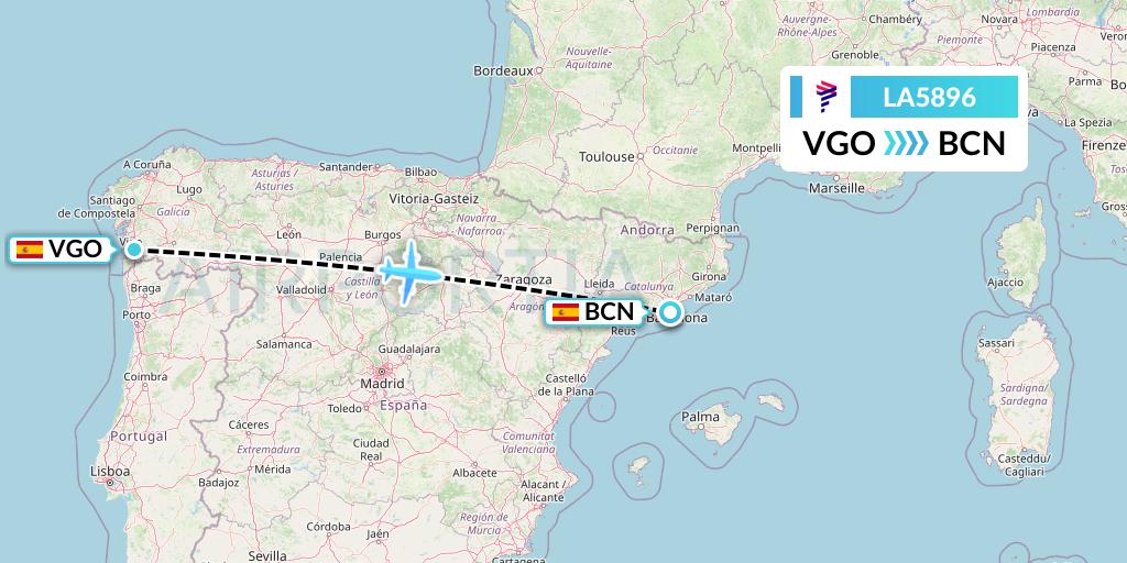 LA5896 LAN Airlines Flight Map: Vigo to Barcelona