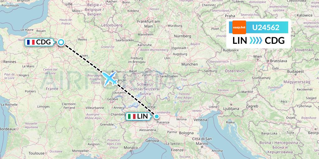 U24562 EasyJet Flight Map: Milan to Paris