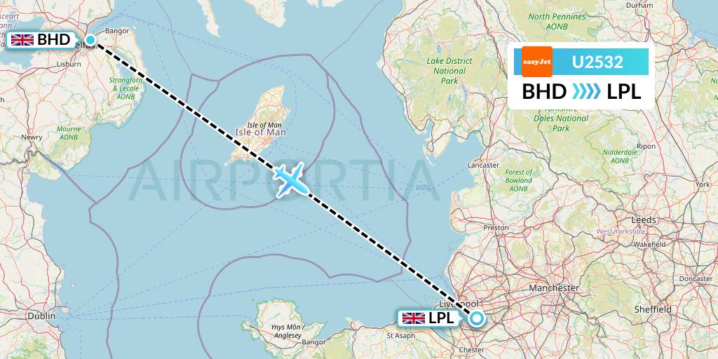U2532 EasyJet Flight Map: Belfast to Liverpool