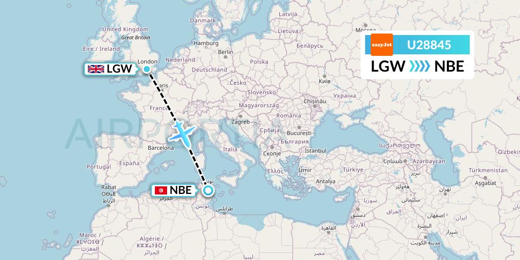 U28845 EasyJet Flight Map: London to Enfidha
