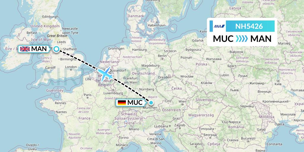 NH5426 All Nippon Airways Flight Map: Munich to Manchester