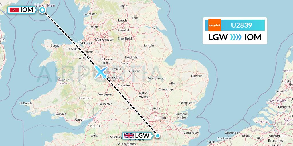 U2839 EasyJet Flight Map: London to Isle of Man