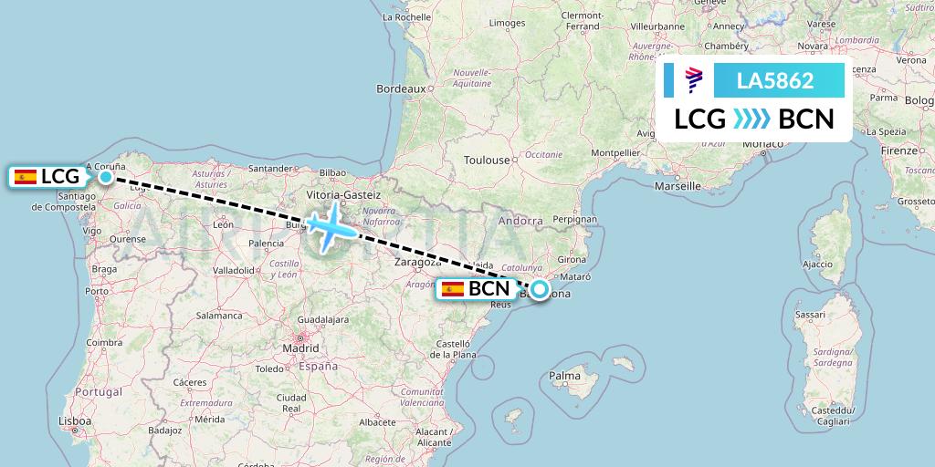 LA5862 LAN Airlines Flight Map: A Coruna to Barcelona