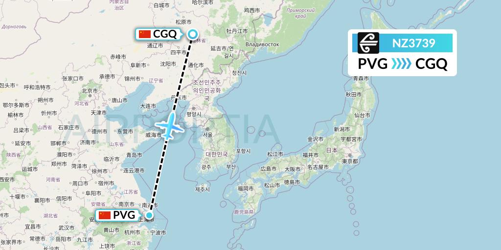 NZ3739 Air New Zealand Flight Map: Shanghai to Changchun