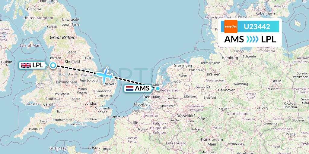 U23442 EasyJet Flight Map: Amsterdam to Liverpool