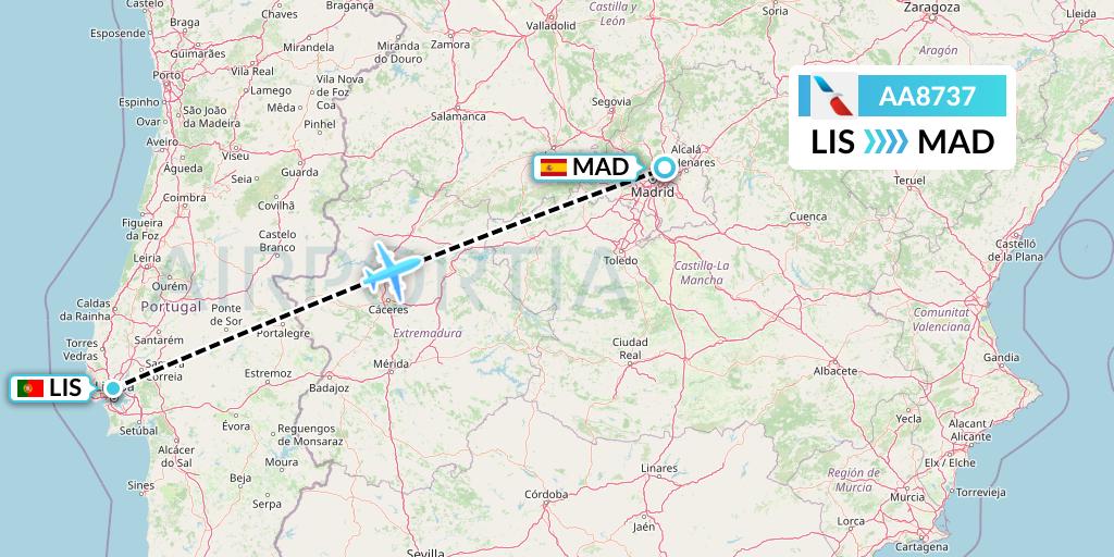 AA8737 American Airlines Flight Map: Lisbon to Madrid