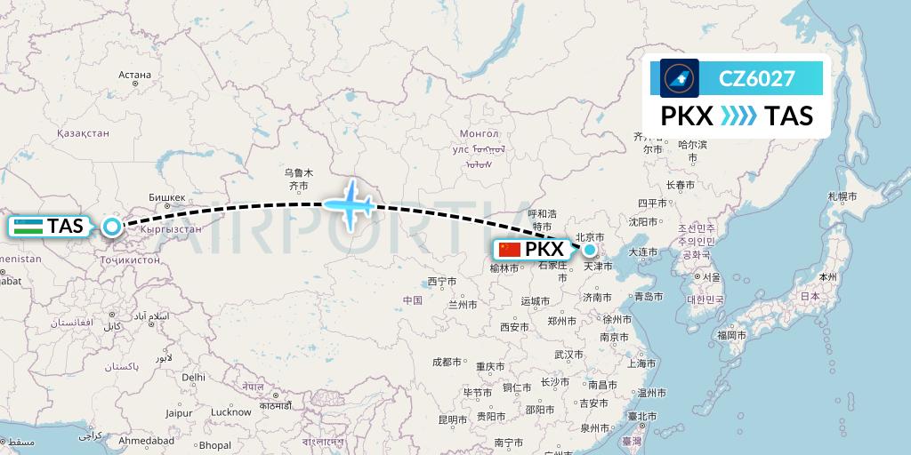 CZ6027 China Southern Airlines Flight Map: Beijing to Tashkent