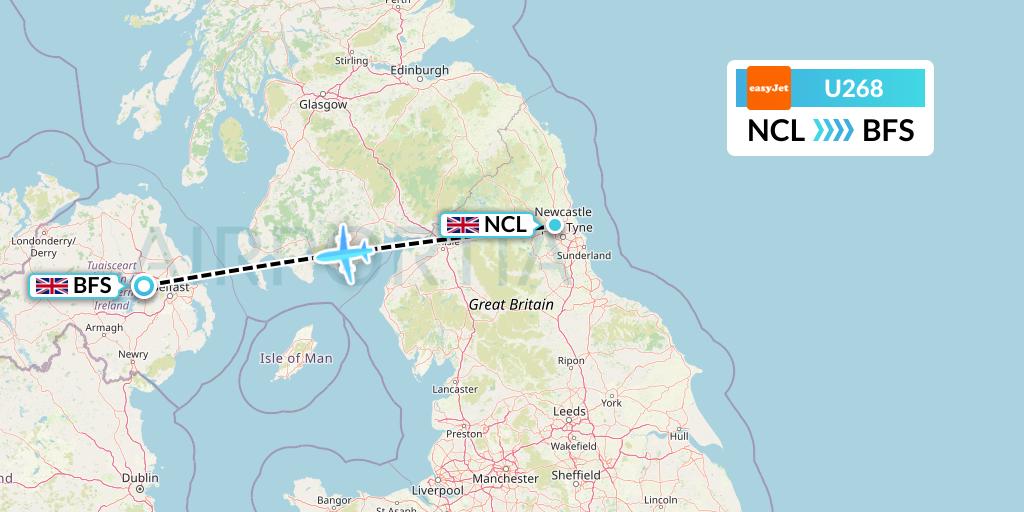 U268 EasyJet Flight Map: Newcastle to Belfast
