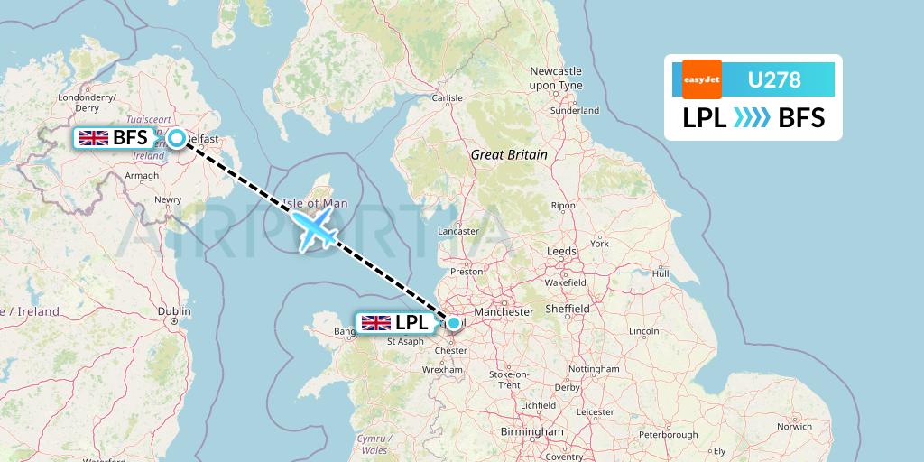 U278 EasyJet Flight Map: Liverpool to Belfast