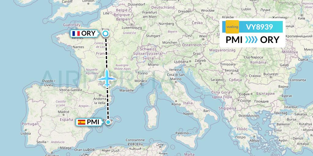 VY8939 Vueling Flight Map: Palma de Mallorca to Paris