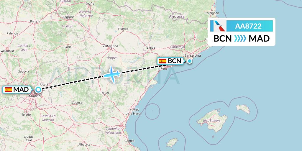 AA8722 American Airlines Flight Map: Barcelona to Madrid