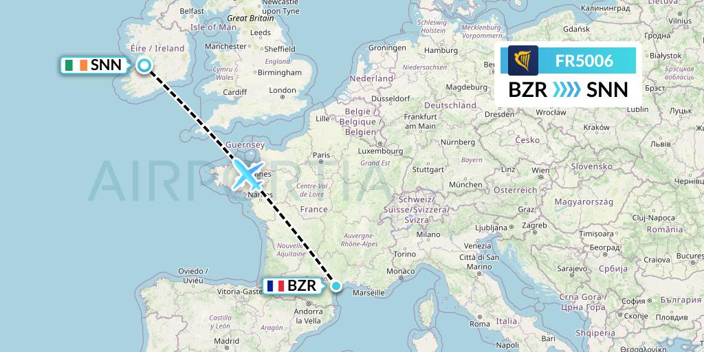 FR5006 Ryanair Flight Map: Beziers to Shannon