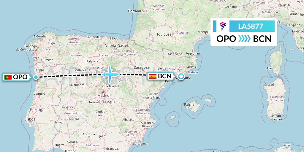 LA5877 LAN Airlines Flight Map: Porto to Barcelona
