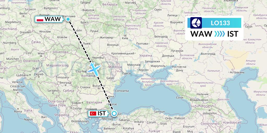 LO133 LOT Flight Map: Warsaw to Istanbul