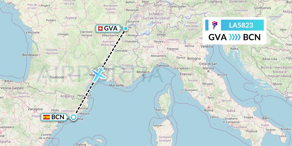 LA5823 LAN Airlines Flight Map: Geneva to Barcelona
