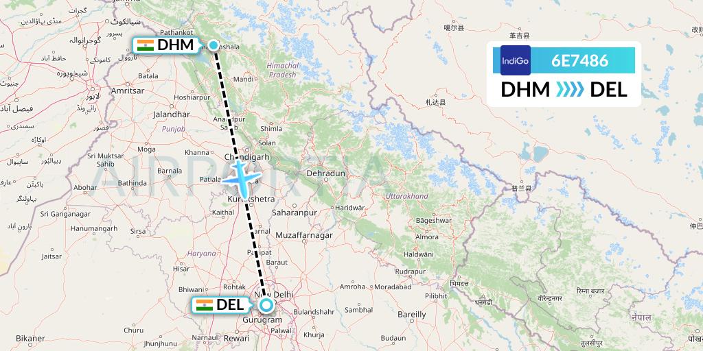 6E7486 IndiGo Airlines Flight Map: Dharamsala to Delhi