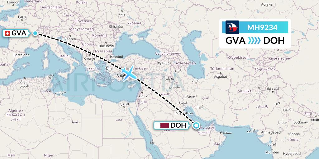 MH9234 Malaysia Airlines Flight Map: Geneva to Doha