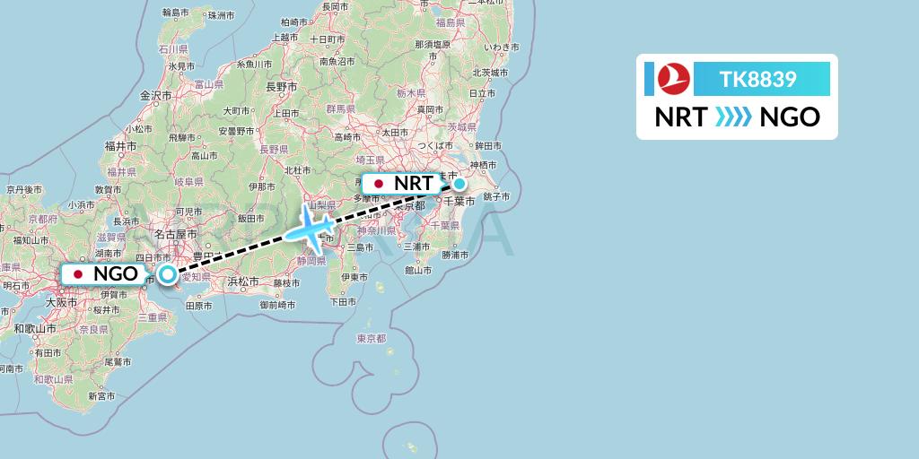 TK8839 Turkish Airlines Flight Map: Tokyo to Nagoya