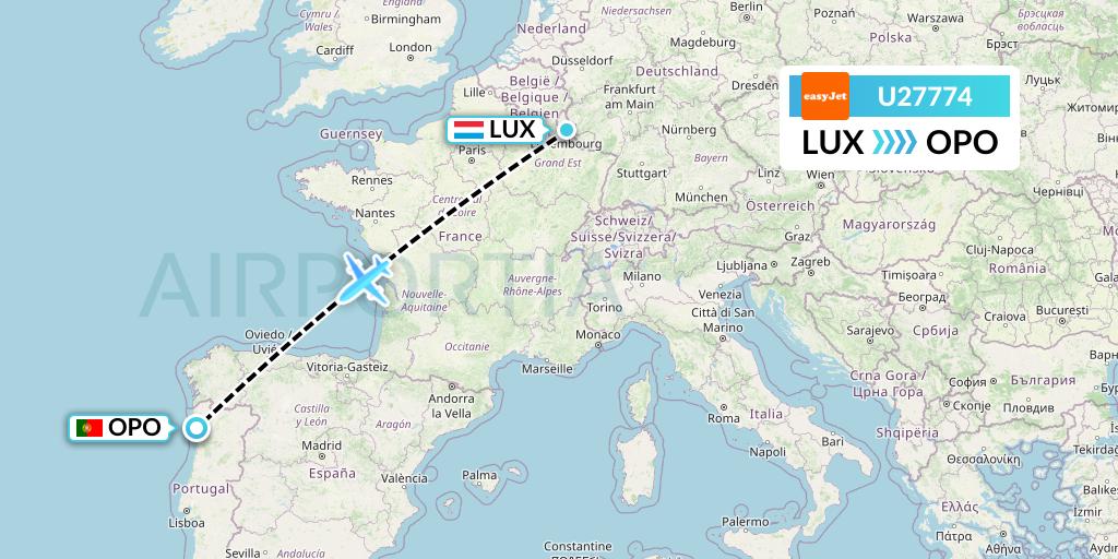 U27774 EasyJet Flight Map: Luxembourg to Porto