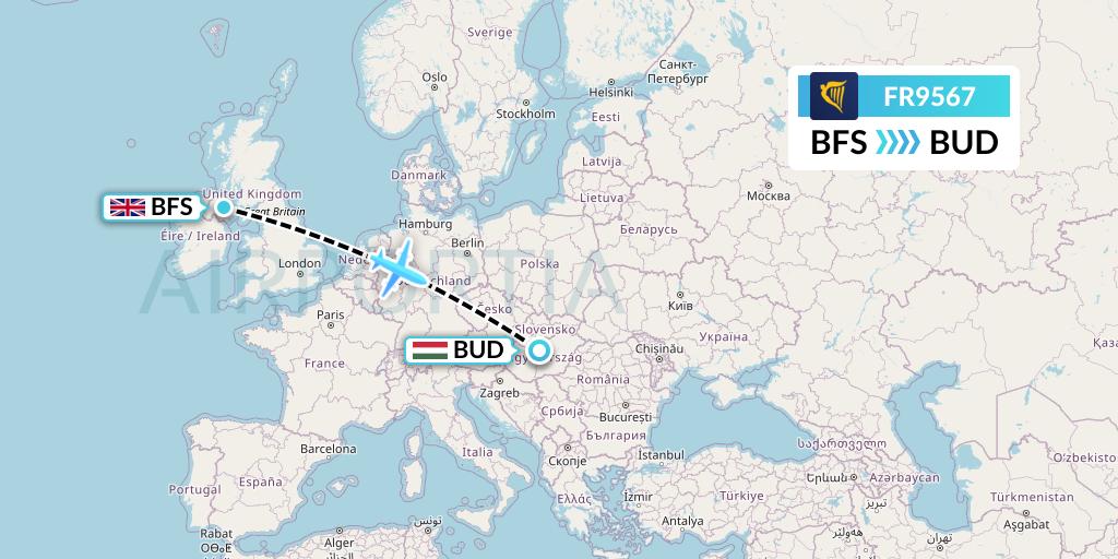 FR9567 Ryanair Flight Map: Belfast to Budapest