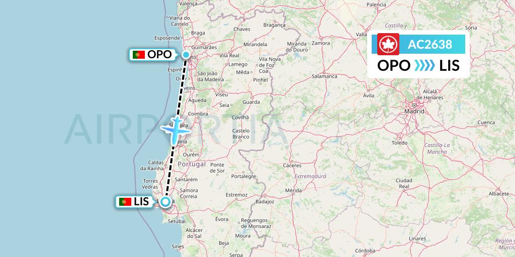 AC2638 Air Canada Flight Map: Porto to Lisbon