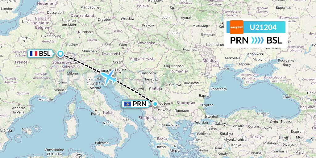 U21204 EasyJet Flight Map: Pristina to Basel