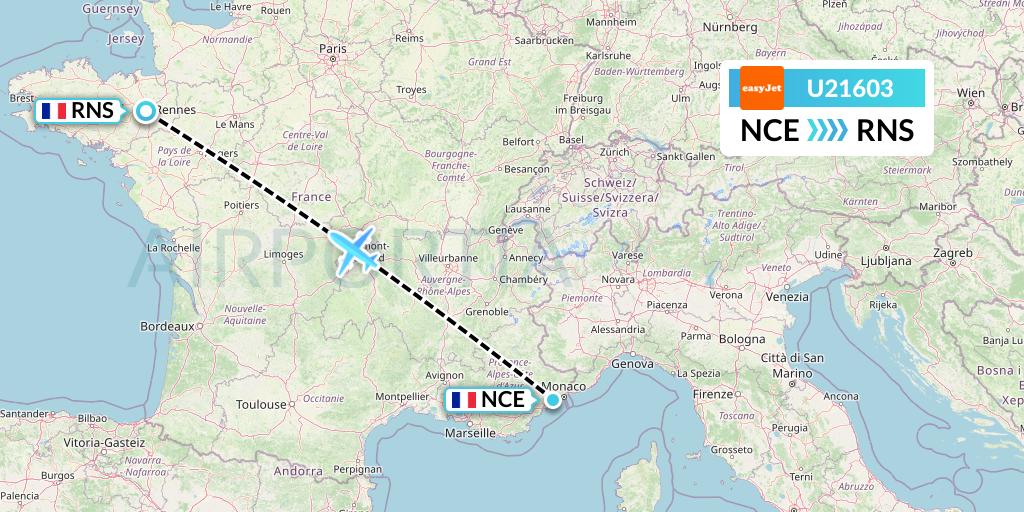 U21603 EasyJet Flight Map: Nice to Rennes