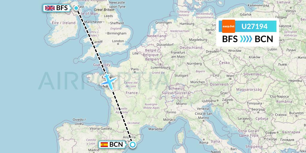 U27194 EasyJet Flight Map: Belfast to Barcelona
