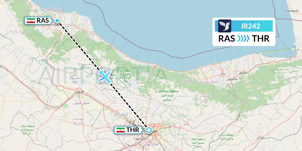 IR242 Iran Air Flight Map: Rasht to Tehran