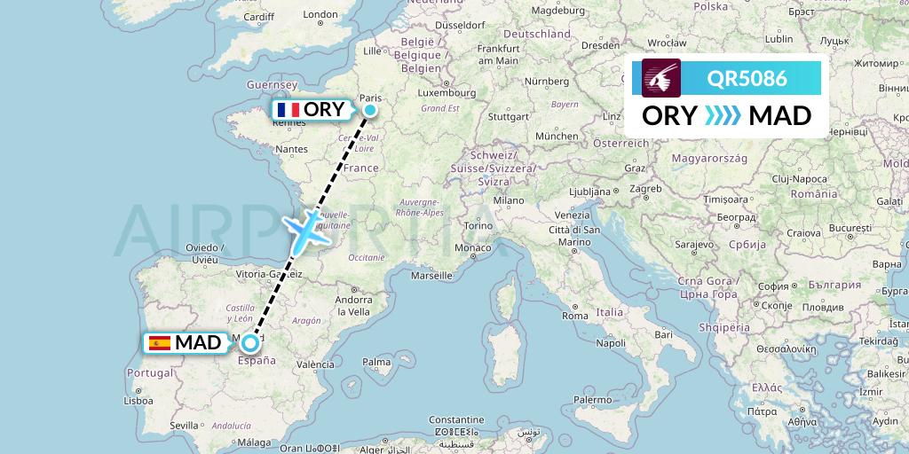 QR5086 Qatar Airways Flight Map: Paris to Madrid