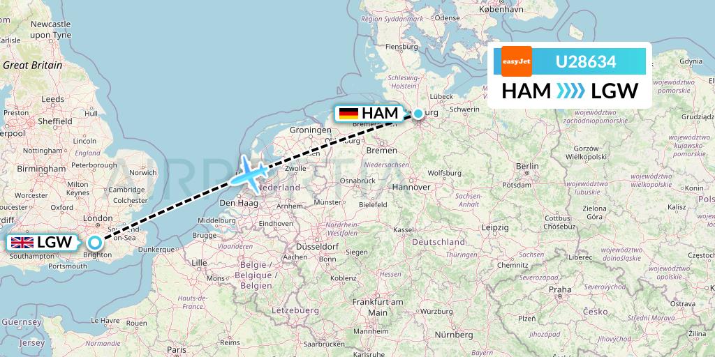 U28634 EasyJet Flight Map: Hamburg to London