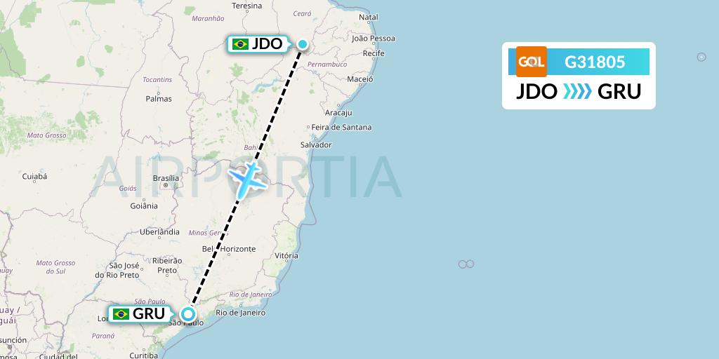 G31805 GOL Transportes Aeros Flight Map: Juazeiro Do Norte to Sao Paulo