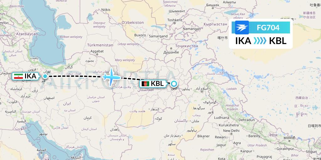 FG704 Ariana Afghan Airlines Flight Map: Tehran to Kabul
