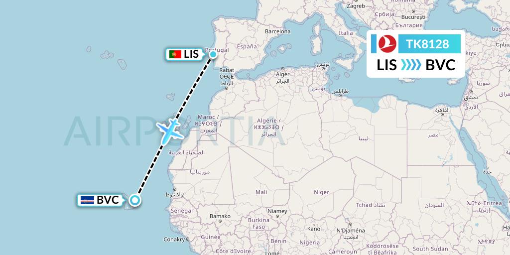 TK8128 Turkish Airlines Flight Map: Lisbon to Boa Vista