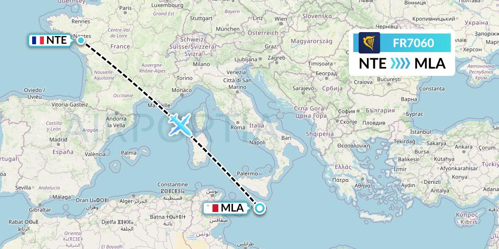 FR7060 Ryanair Flight Map: Nantes to Malta