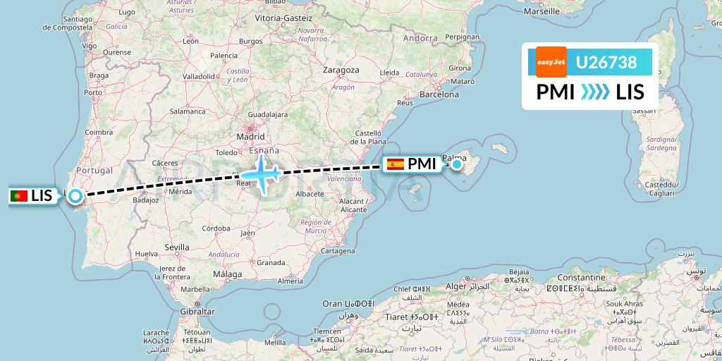 U26738 EasyJet Flight Map: Palma de Mallorca to Lisbon