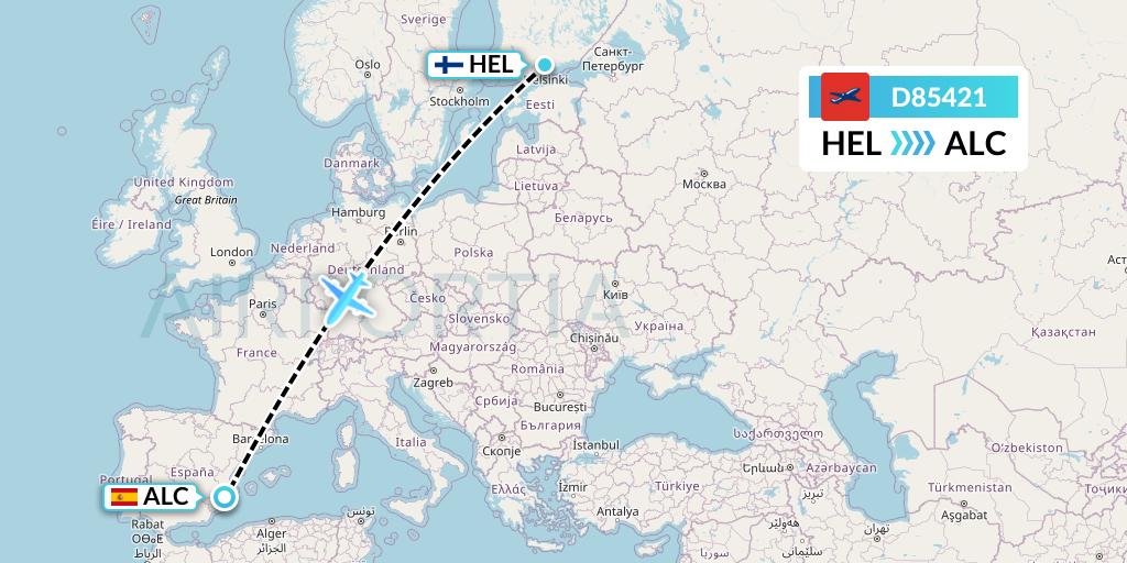 D85421 Norwegian Air International Flight Map: Helsinki to Alicante