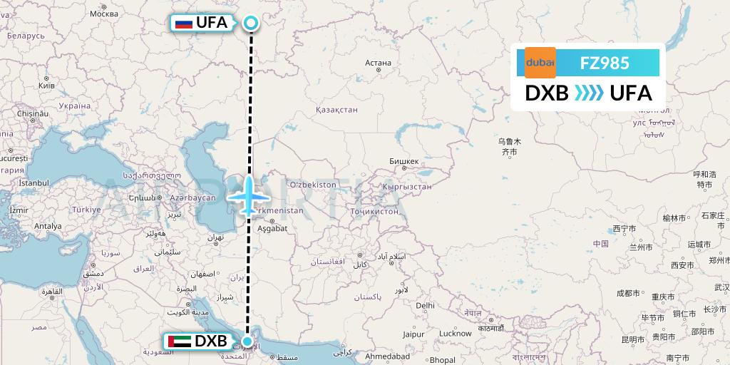 FZ985 FlyDubai Flight Map: Dubai to Ufa