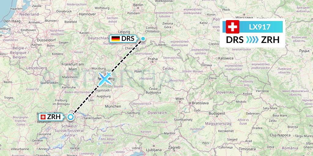 LX917 Swiss Flight Map: Dresden to Zurich