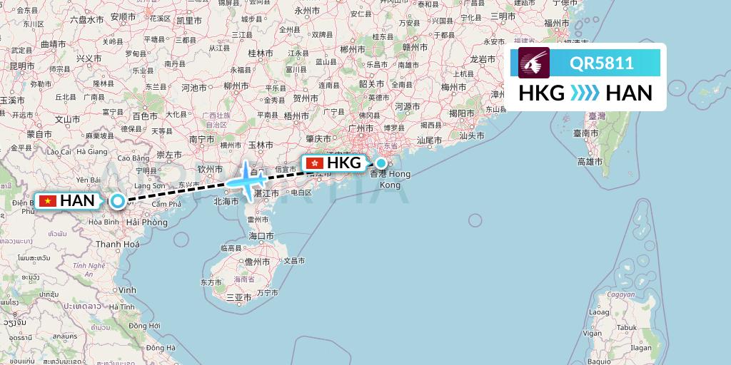 QR5811 Qatar Airways Flight Map: Hong Kong to Hanoi