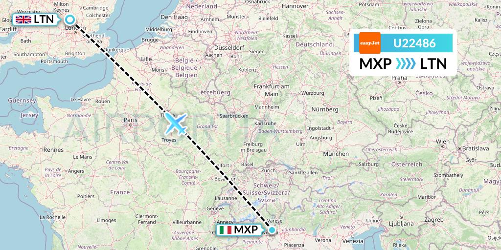 U22486 EasyJet Flight Map: Milan to London