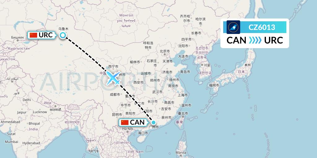 CZ6013 China Southern Airlines Flight Map: Guangzhou to Urumqi