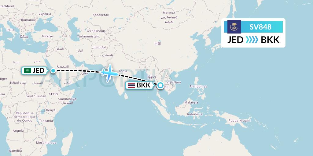 SV848 Saudi Arabian Airlines Flight Map: Jeddah to Bangkok