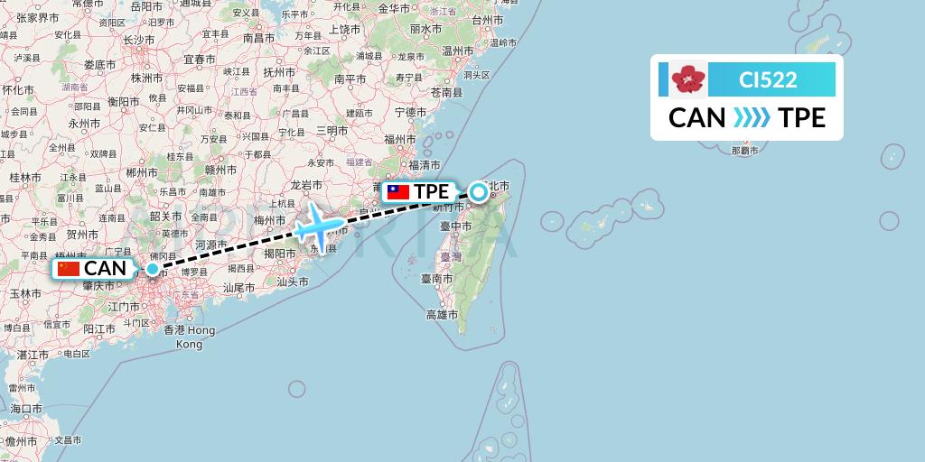 CI522 China Airlines Flight Map: Guangzhou to Taipei