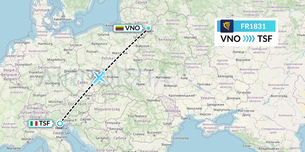 FR1831 Ryanair Flight Map: Vilnius to Treviso